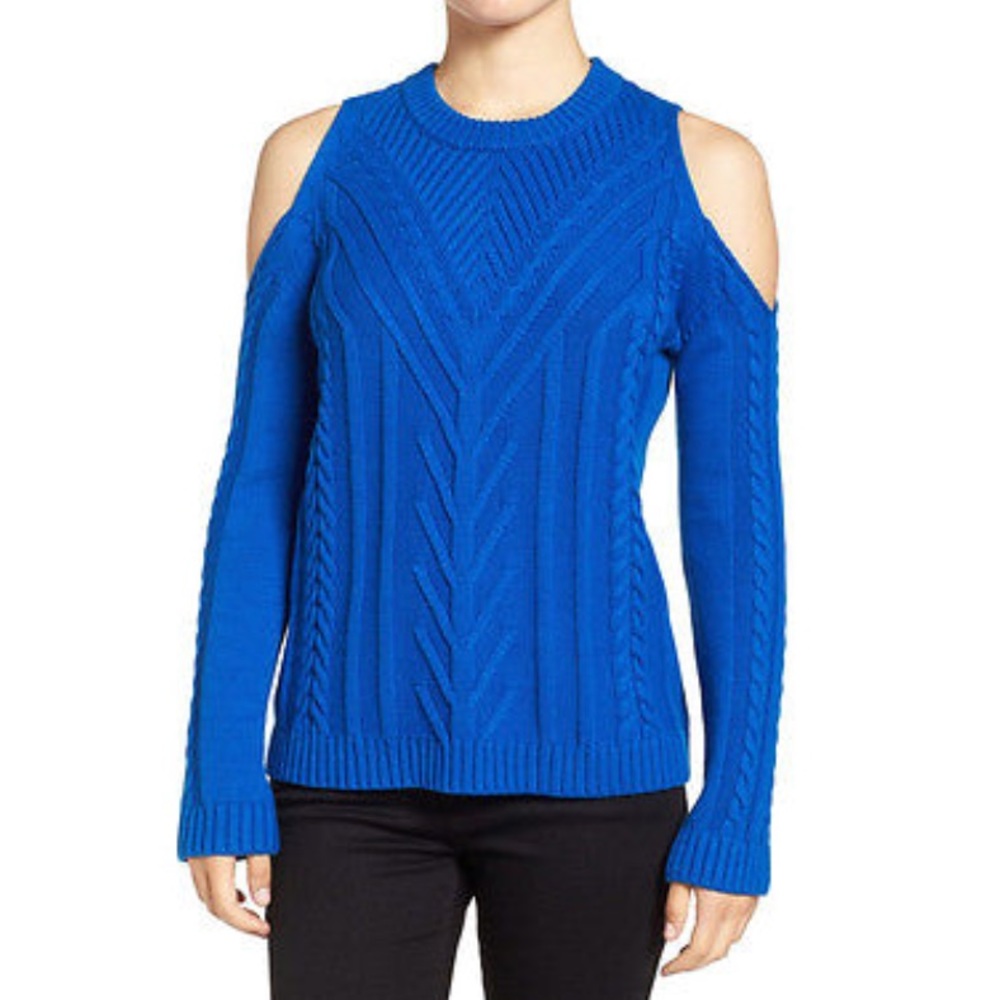 Vince Camuto blue cold shoulder cable sweater